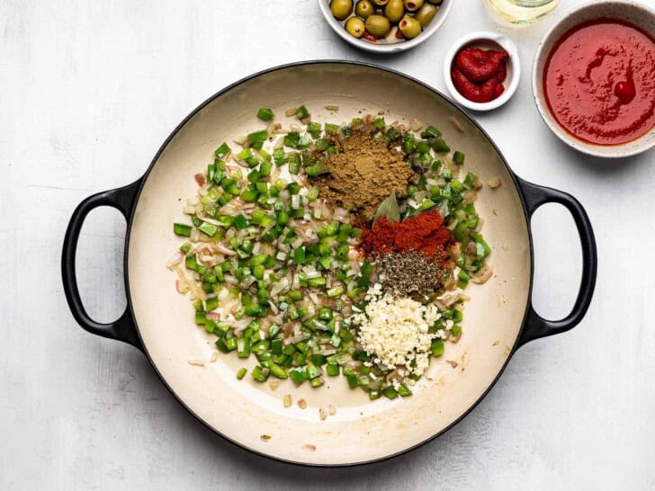 Sautéing sofrito in sauce pan.