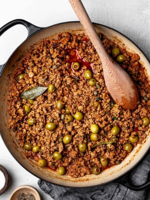 Turkey picadillo with olives in saucepan