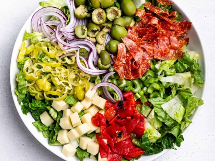 close up of chopped salad ingredients in bowl