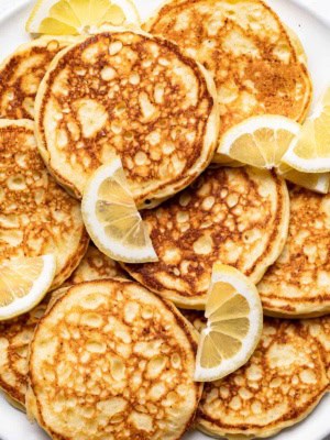 Close-up of Lemon ricotta pancakes on plate