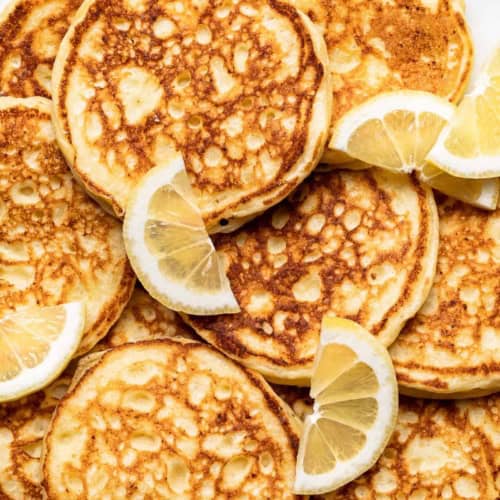Close-up of Lemon ricotta pancakes on plate