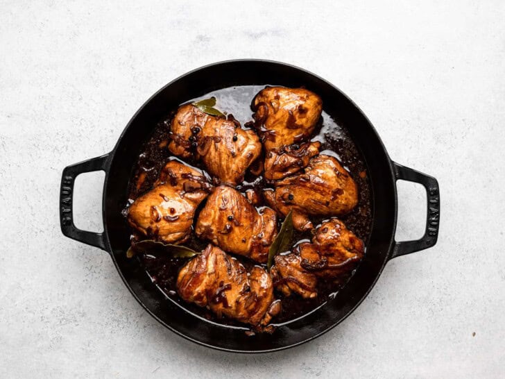 chicken in adobo sauce in skillet