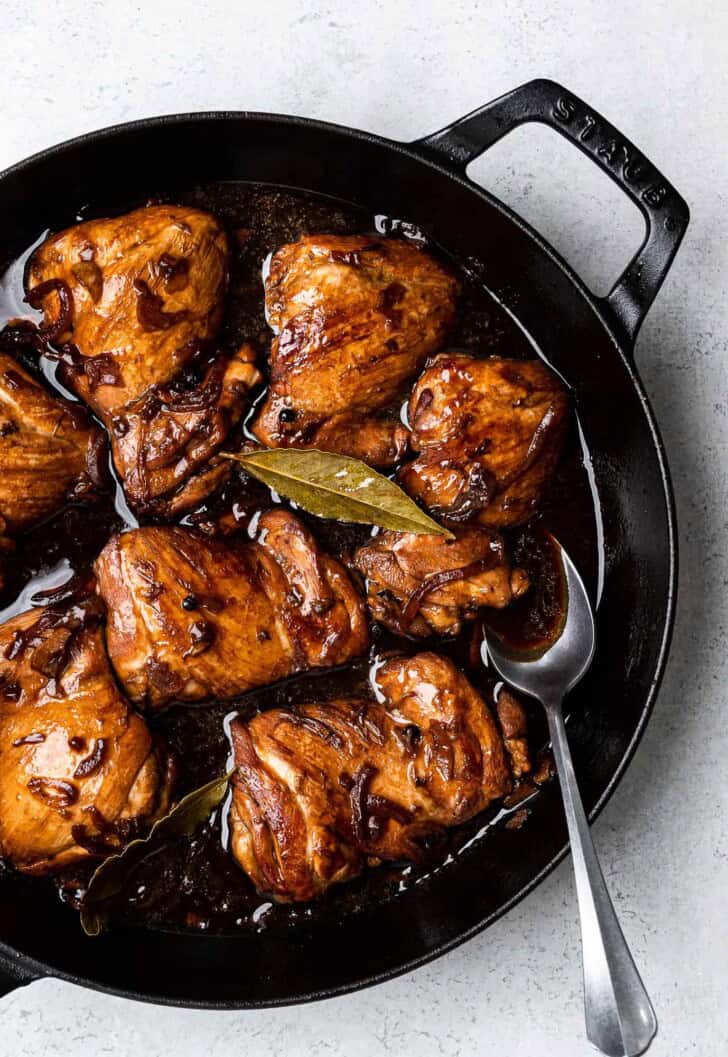 chicken in adobo sauce in skillet