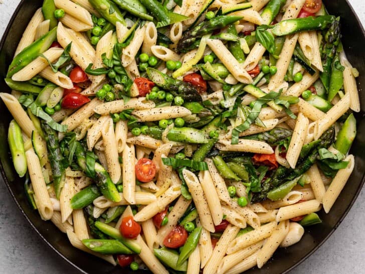 close up of pasta primavera in skillet