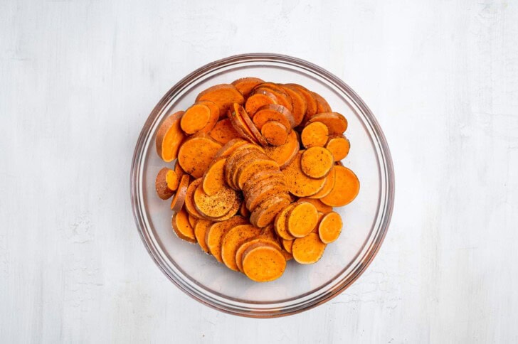 sliced sweet potatoes in bowl