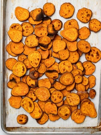 roasted sweet potatoes on sheet pan