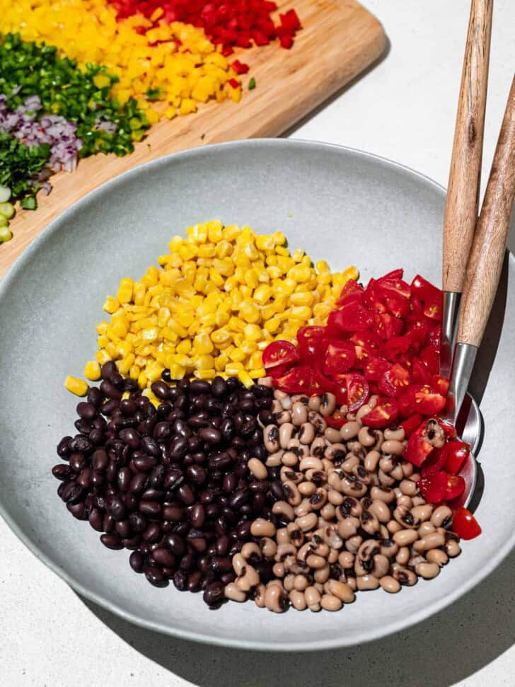 beans, corn, tomatoes in bowl