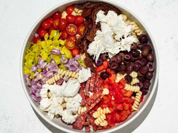 chopped veggies and pasta in bowl