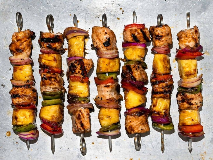 Grilled Pineapple salmon kabobs on baking sheet