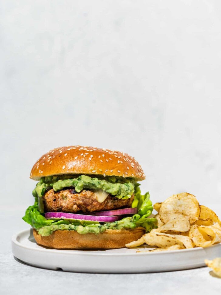 Poblano Turkey burger on plate with chips