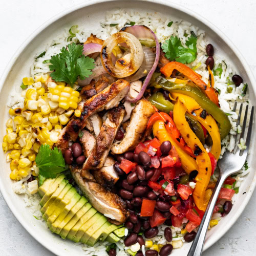 grilled chicken fajita bowl with cilantro lime rice