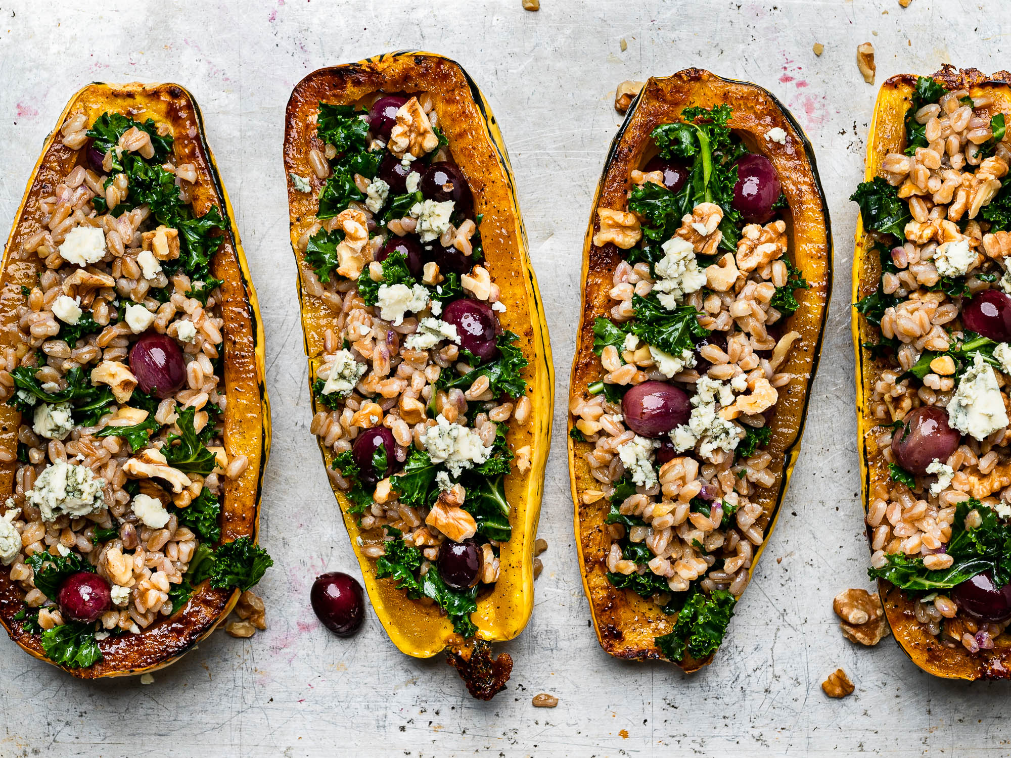 Roasted Delicata squash stuffed with farro mixture