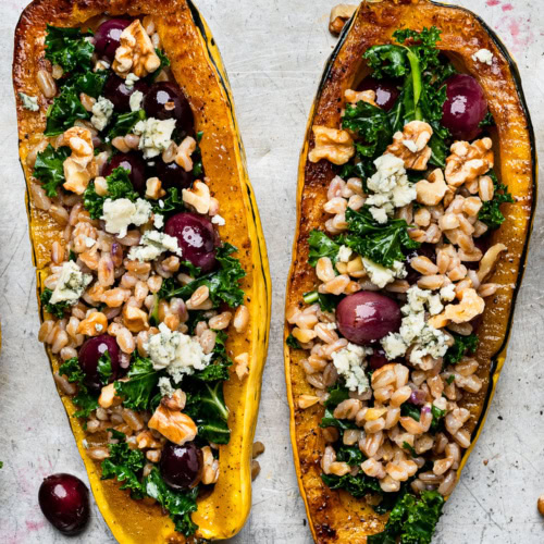 Roasted Delicata squash stuffed with farro mixture