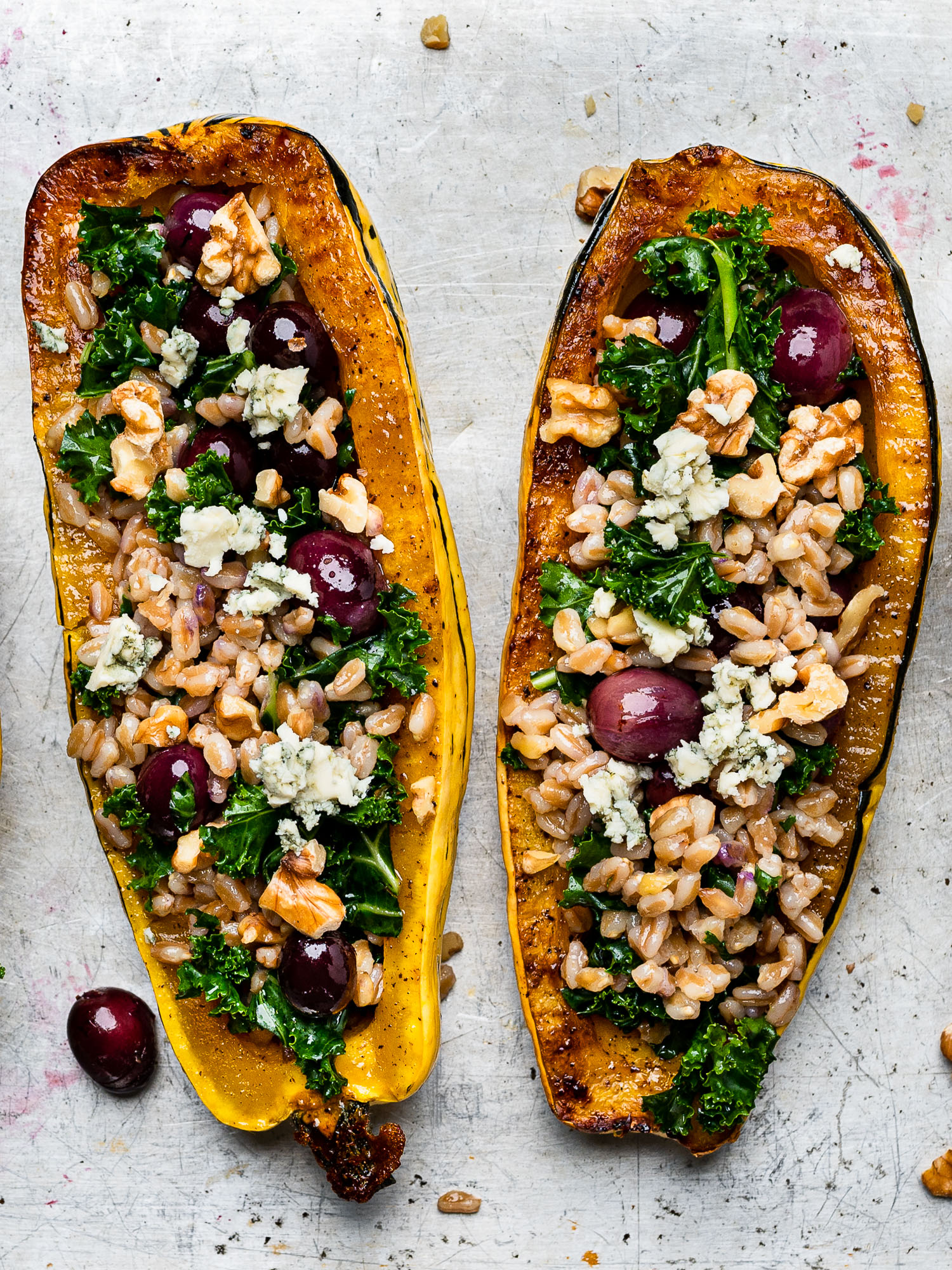 Roasted Delicata squash stuffed with farro mixture