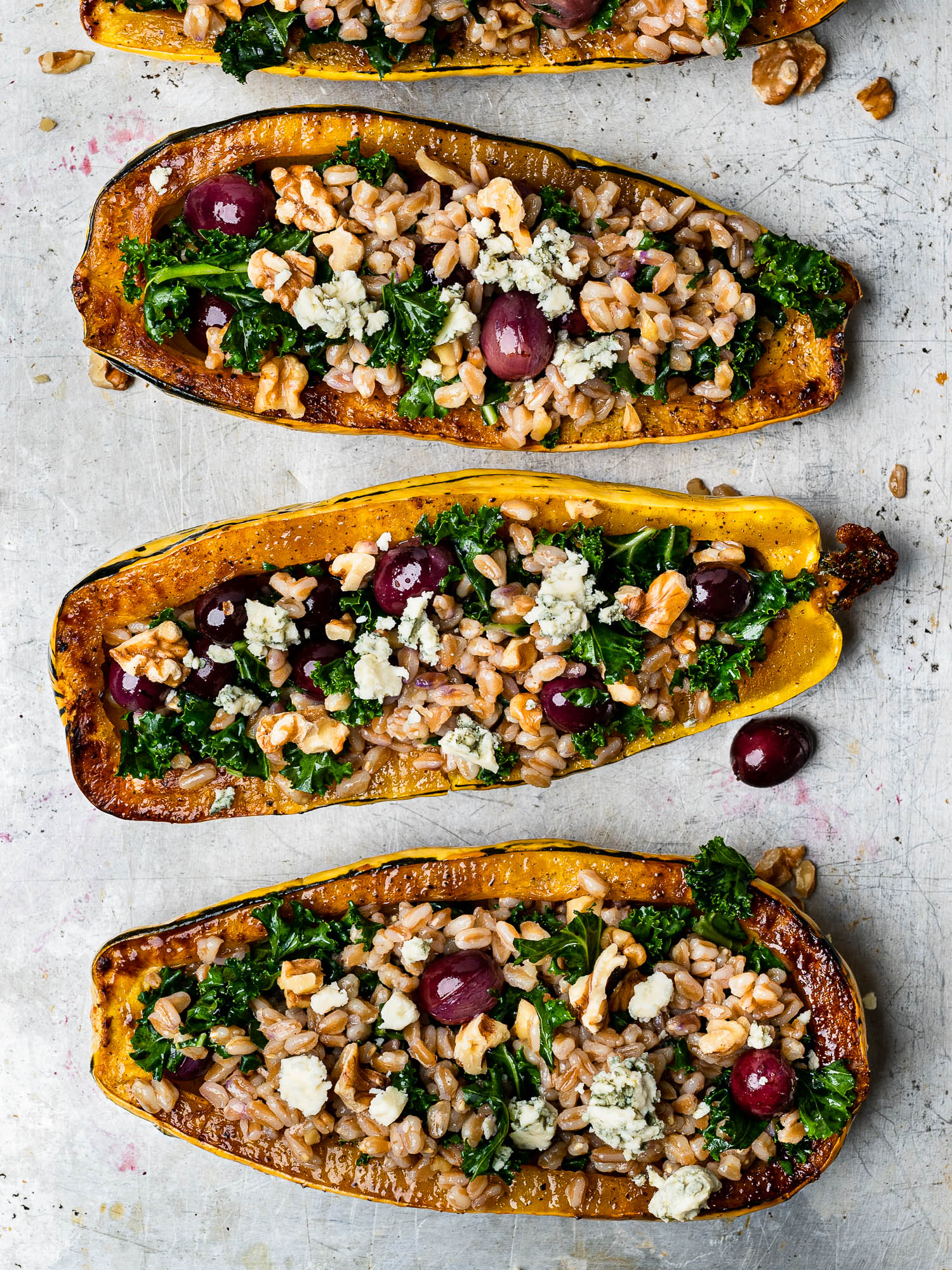 Roasted Delicata squash stuffed with farro mixture