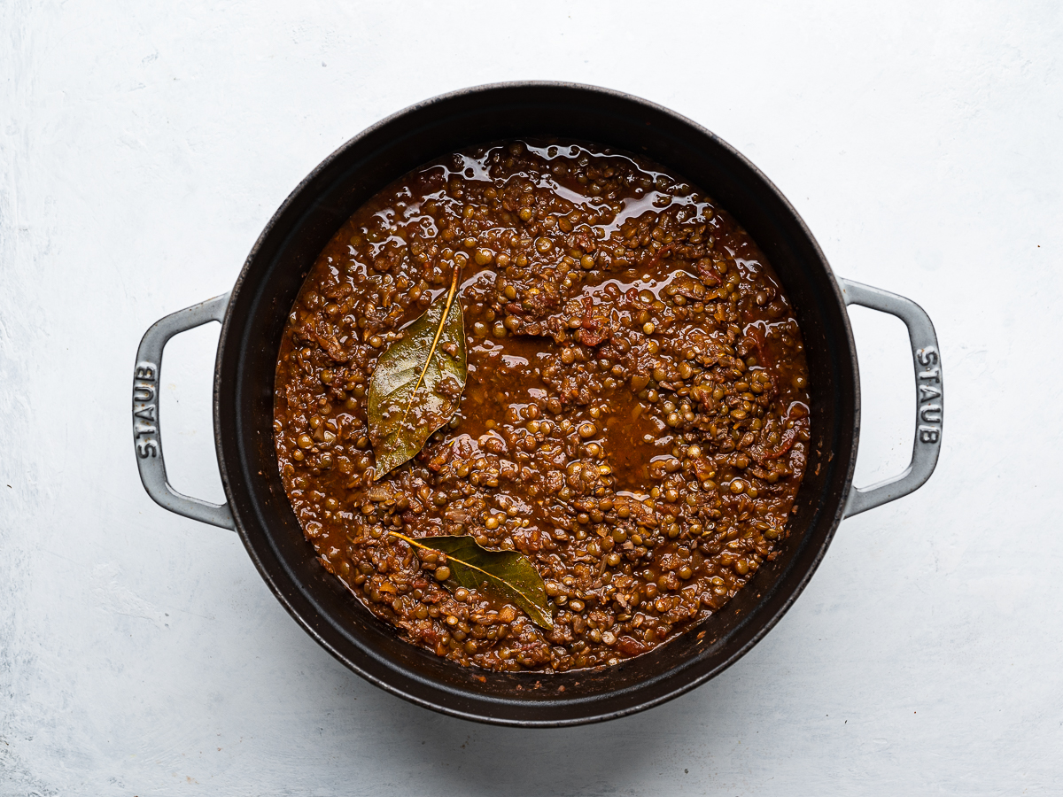 cooked lentil bolognese in pot