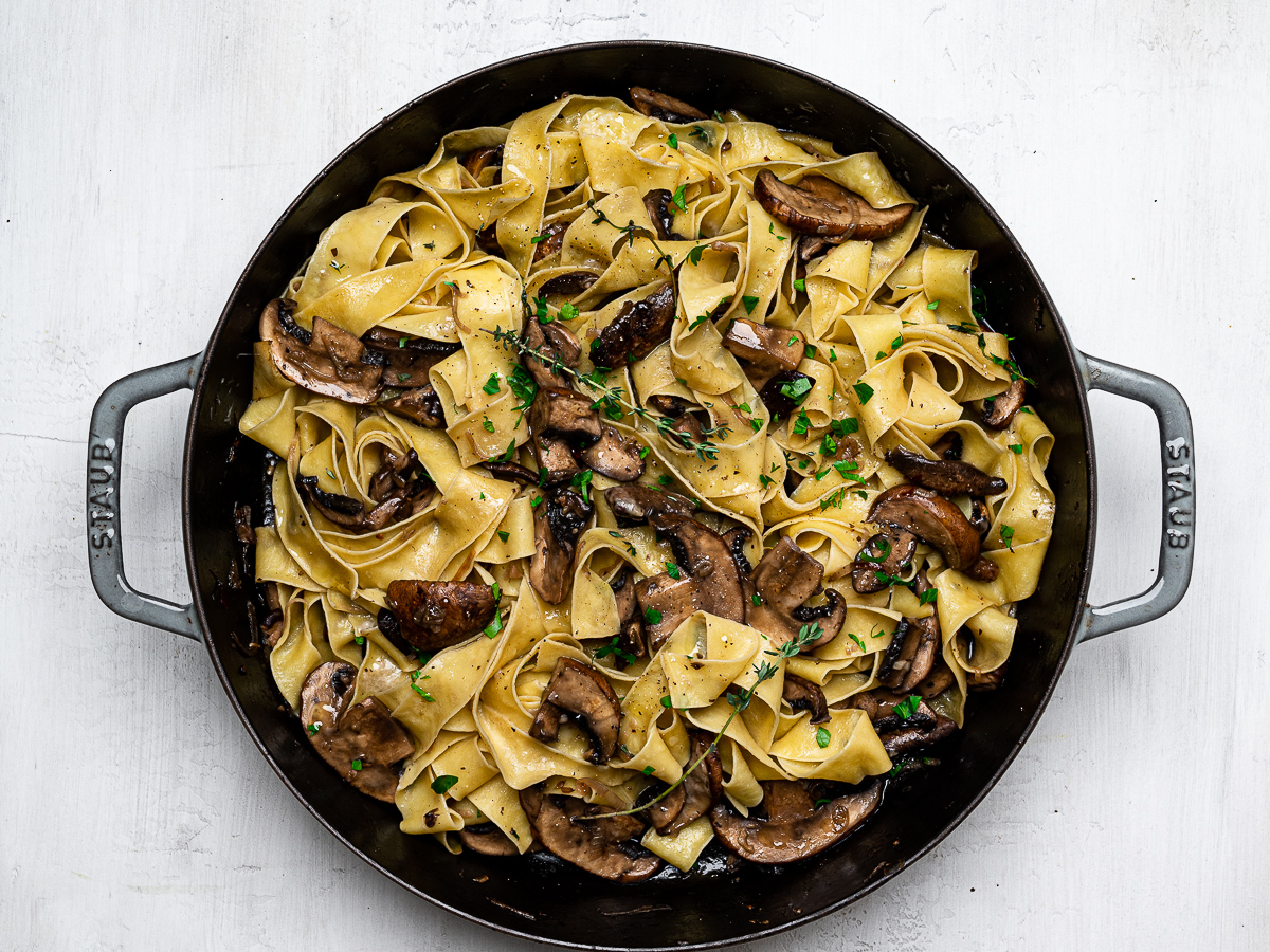 pappardelle with mushroom sauce in skillet