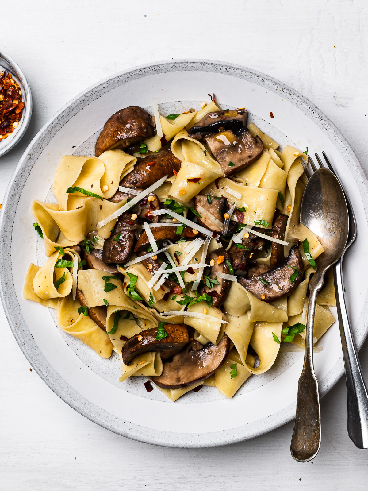 pappardelle with mushroom sauce served on plate