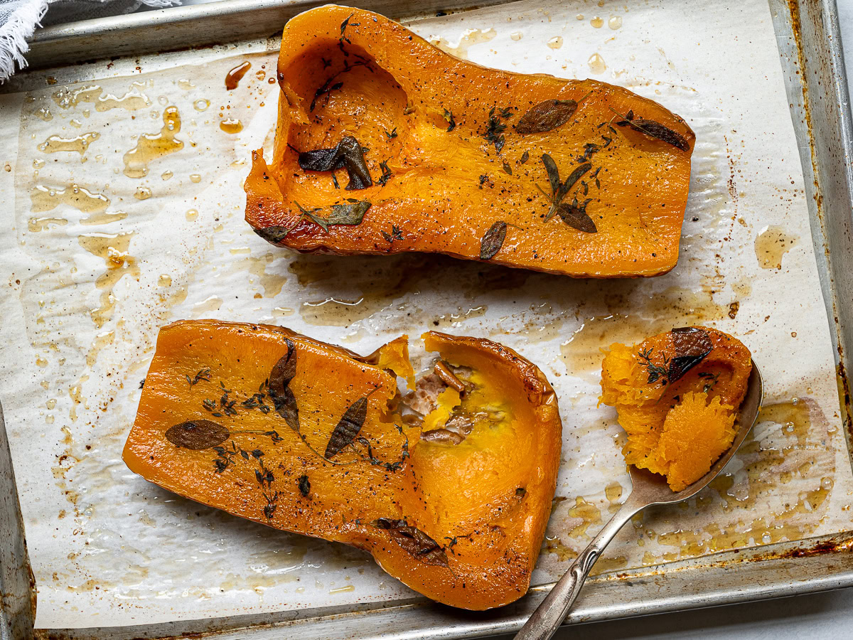 roasted squash on baking sheet