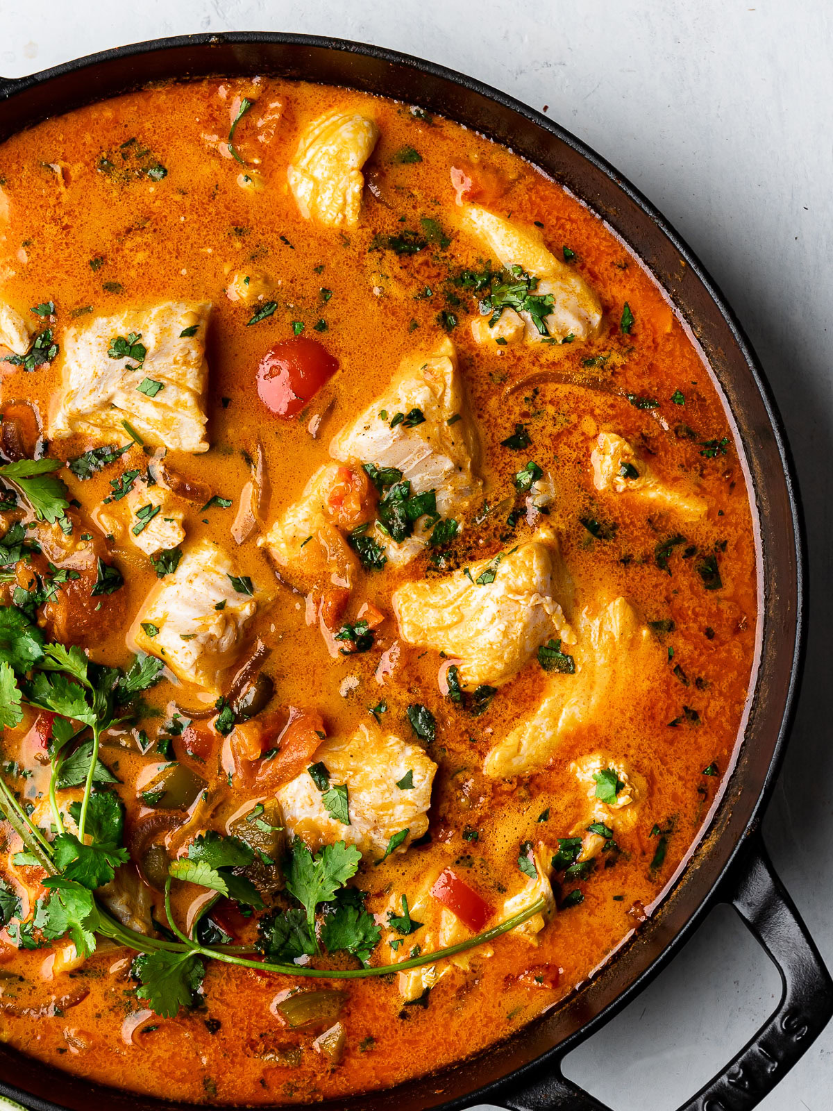 close-up of Brazilian Fish stew (Moqueca) in skillet