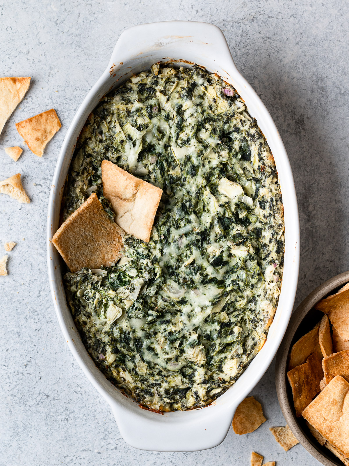 baked spinach artichoke dip with pita chips