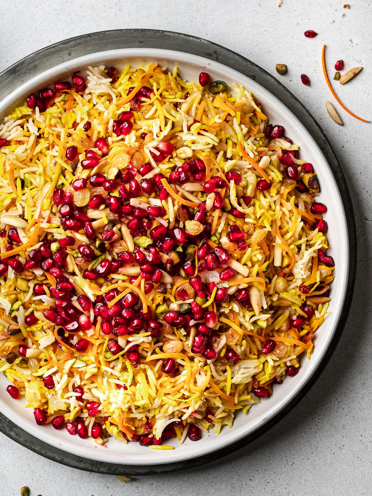 Close up of Persian style jewel rice served on platter