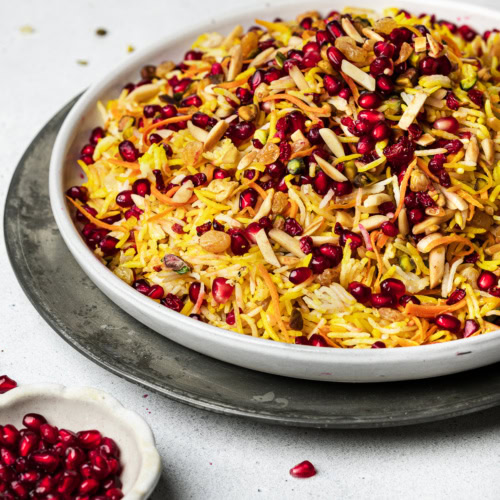side view of Persian jewel rice served on platter