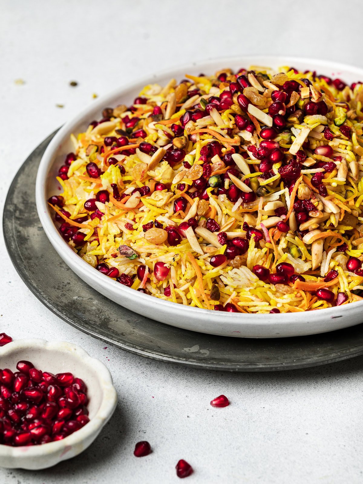 side view of Persian jewel rice served on platter