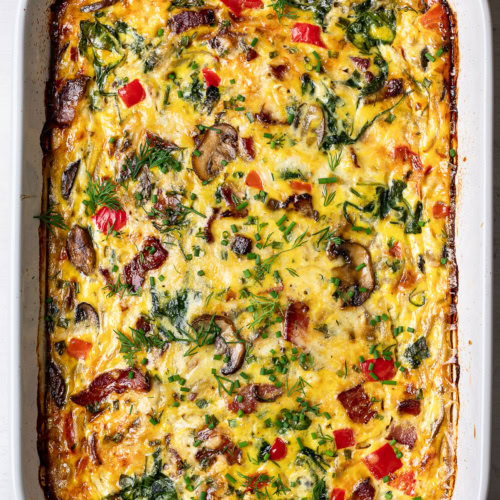 Close-up of baked Breakfast casserole in casserole dish