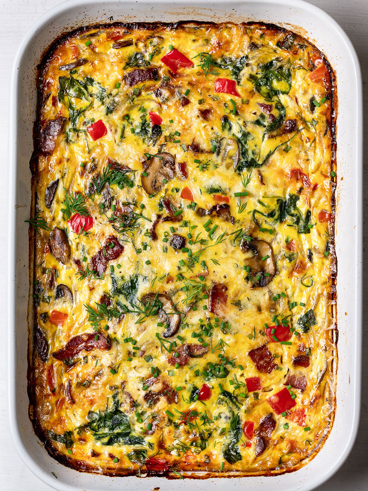 Close-up of baked Breakfast casserole in casserole dish