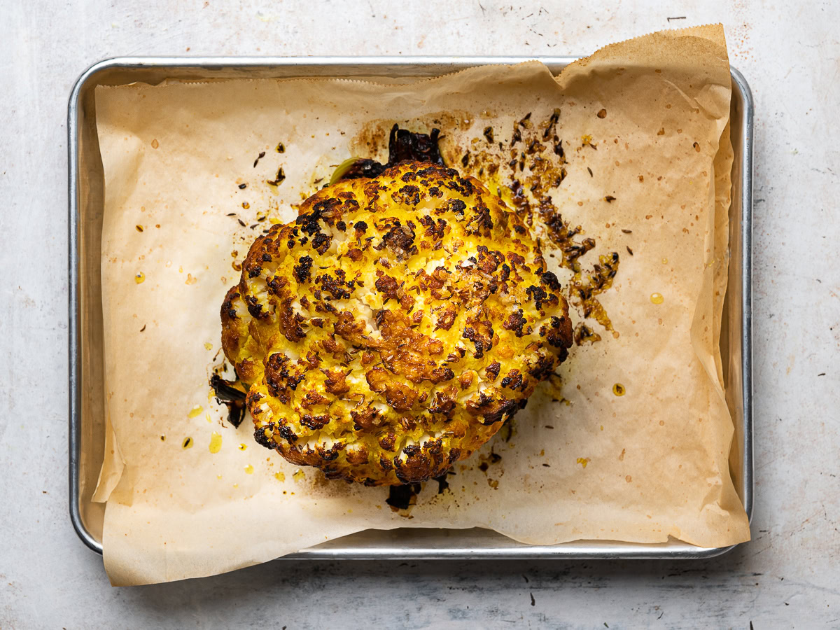 whole roasted cauliflower just out of the oven