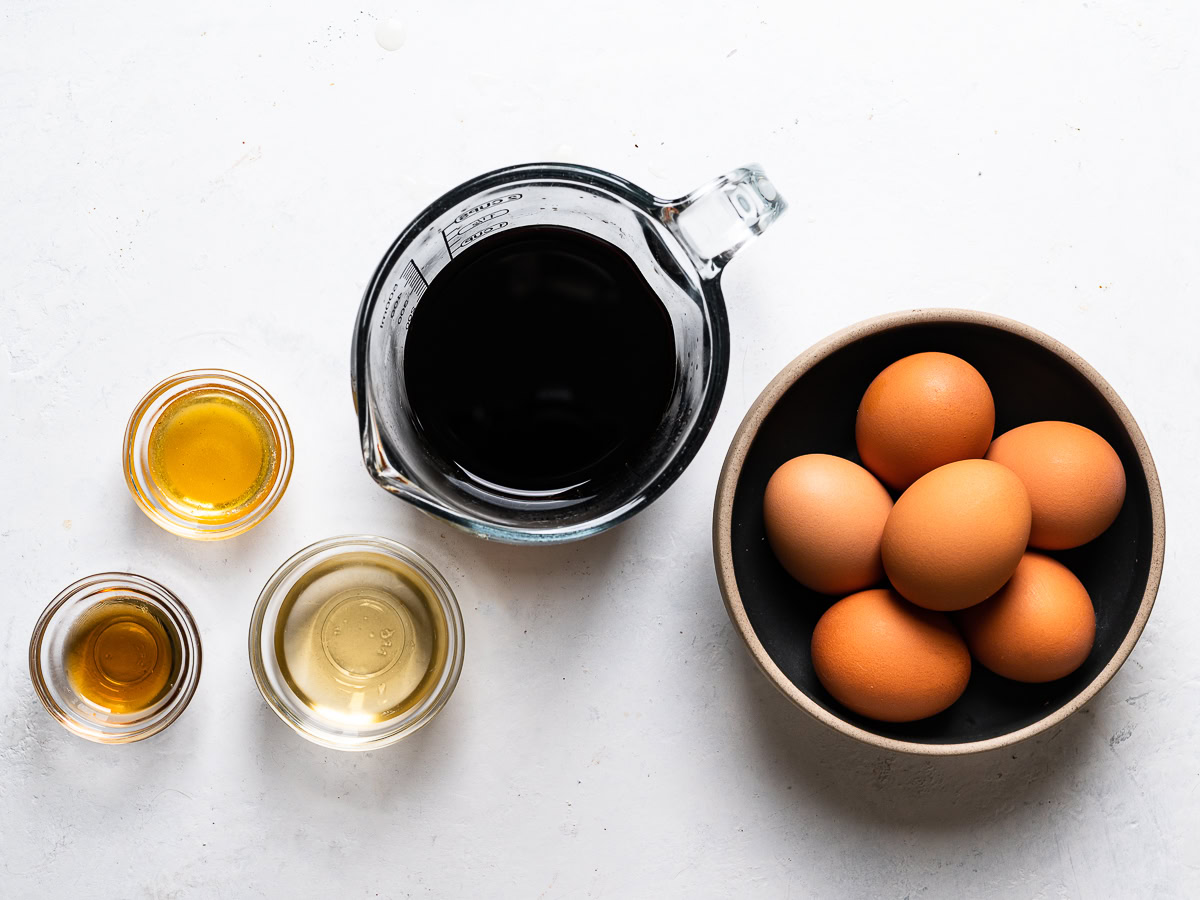 soy sauce eggs sliced in half on platter