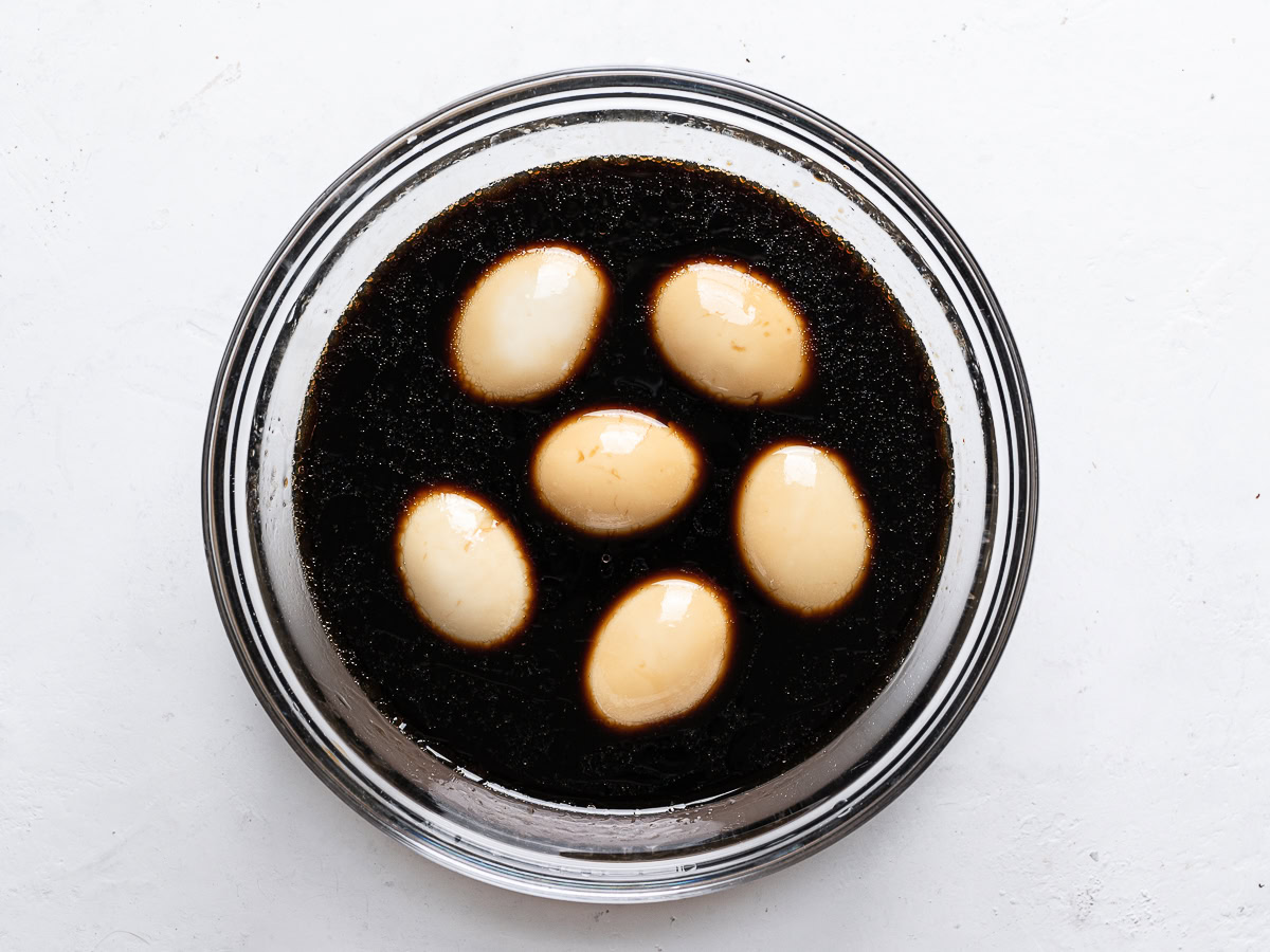 soft-boiled eggs soaking in marinade