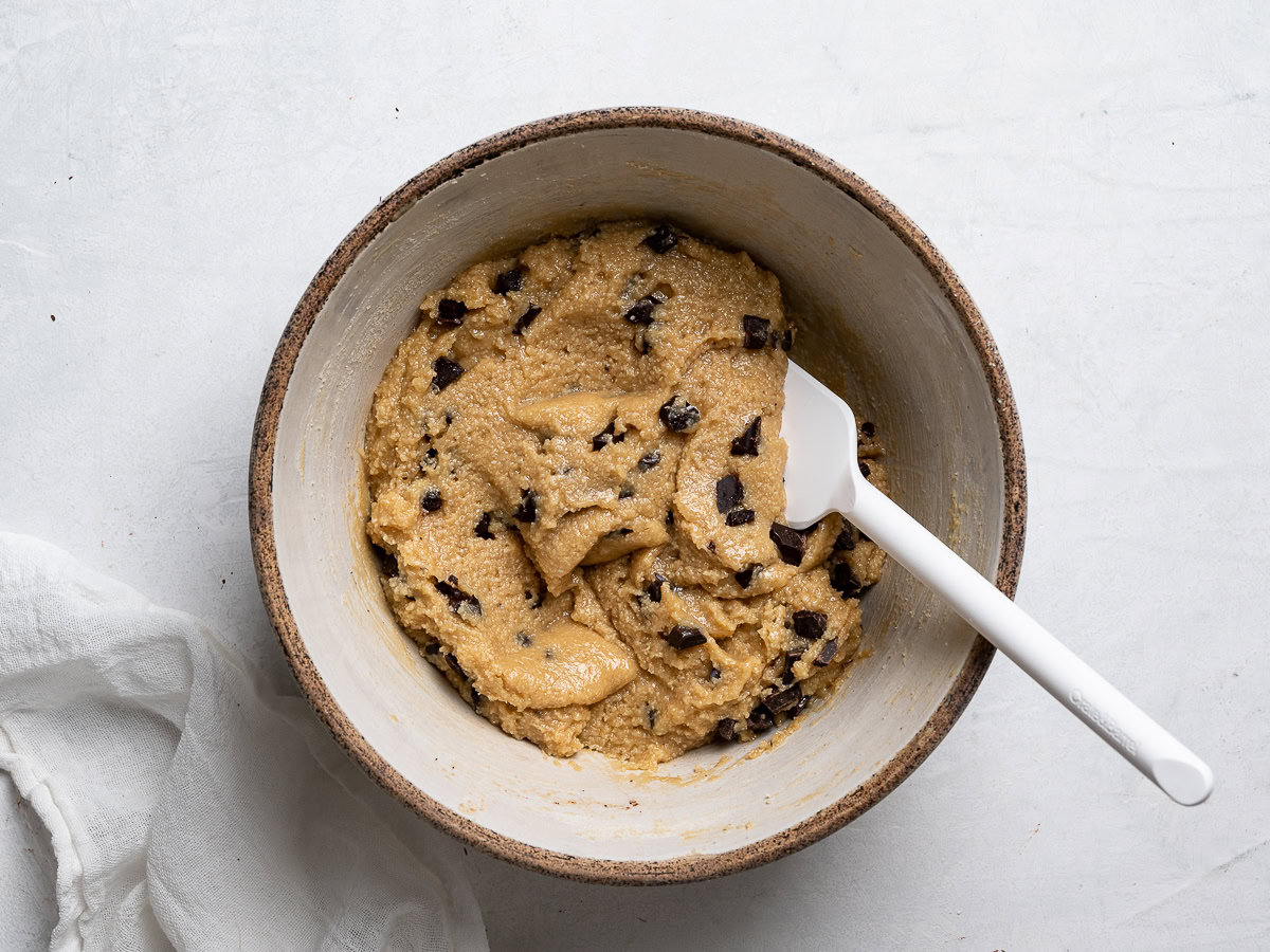 dough mixture combined in bowl with chocolate chips