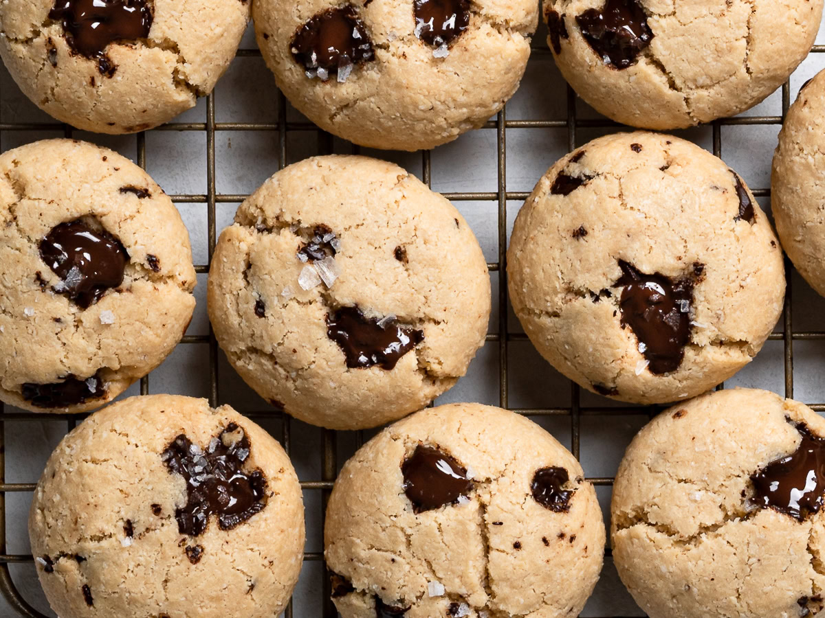 Vegan Tahini Chocolate Chip Cookies cooling on wire rack