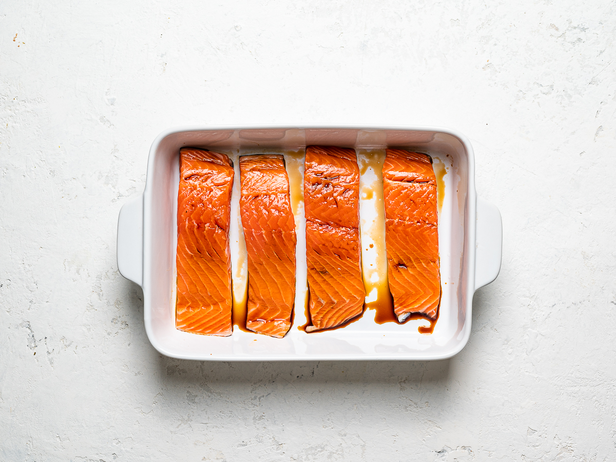 salmon marinating in soy sauce