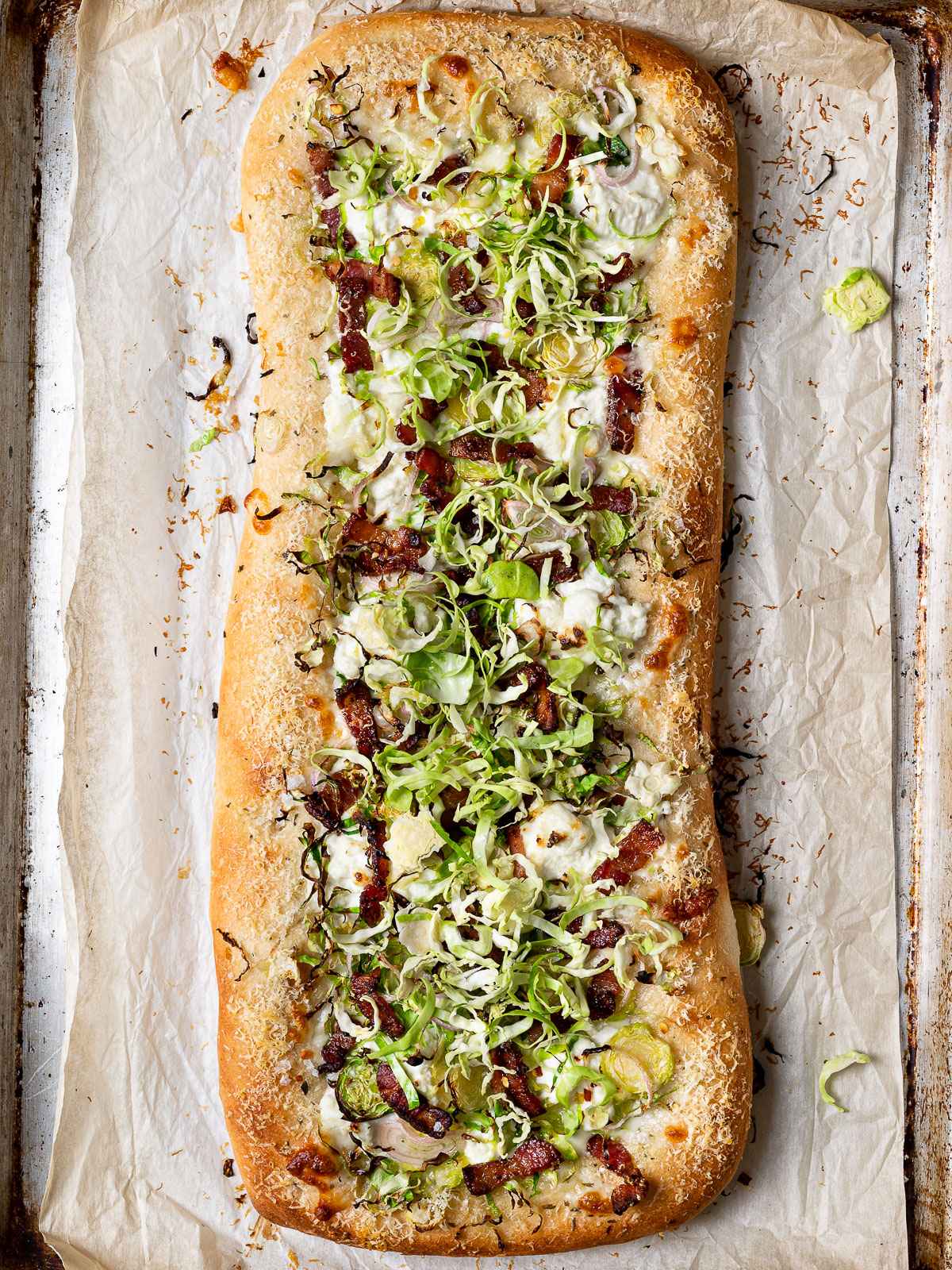 Brussels Sprouts and Ricotta Flatbread Pizza  on sheet pan