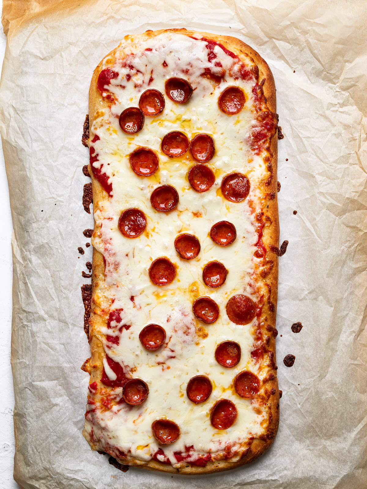 Flatbread Pizza with cheese, pizza sauce, and pepperoni