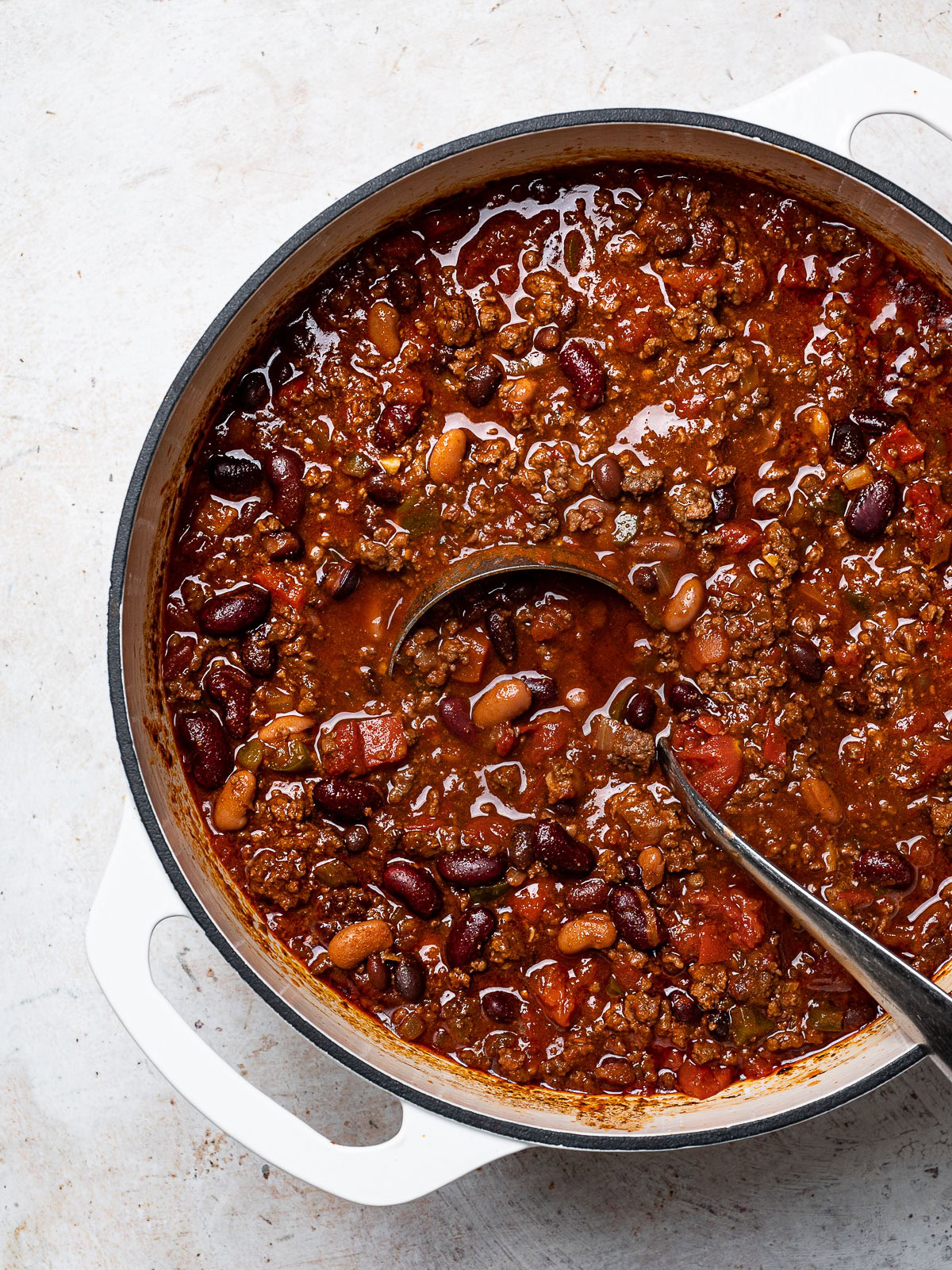 close up of game day chili in pot