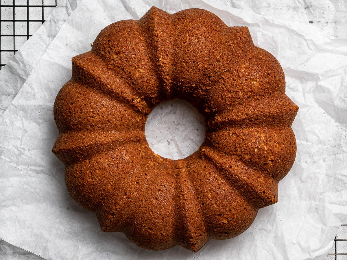 Cake released from bundt pan onto wire rack