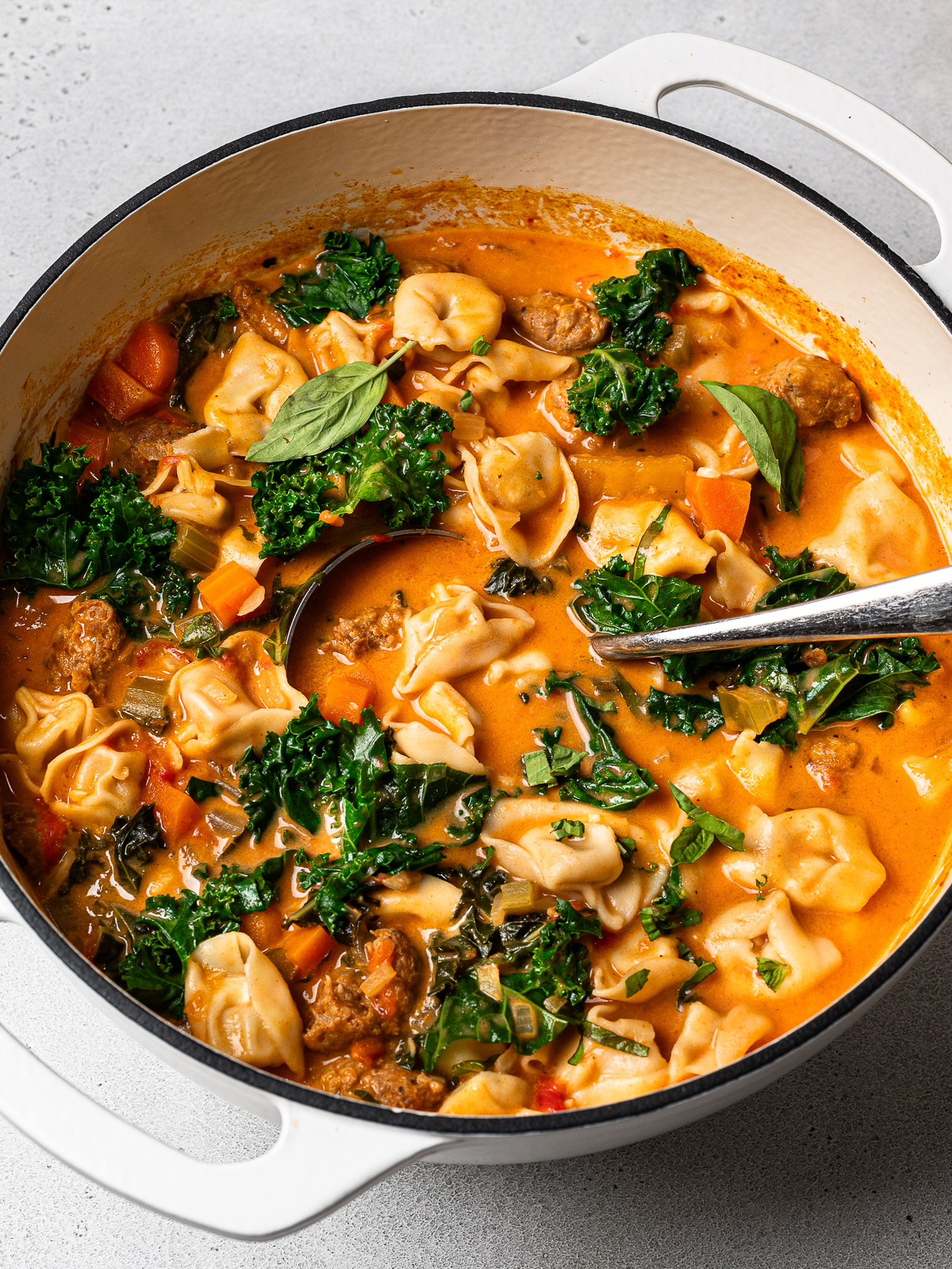 Cooked tortellini soup in pot. 