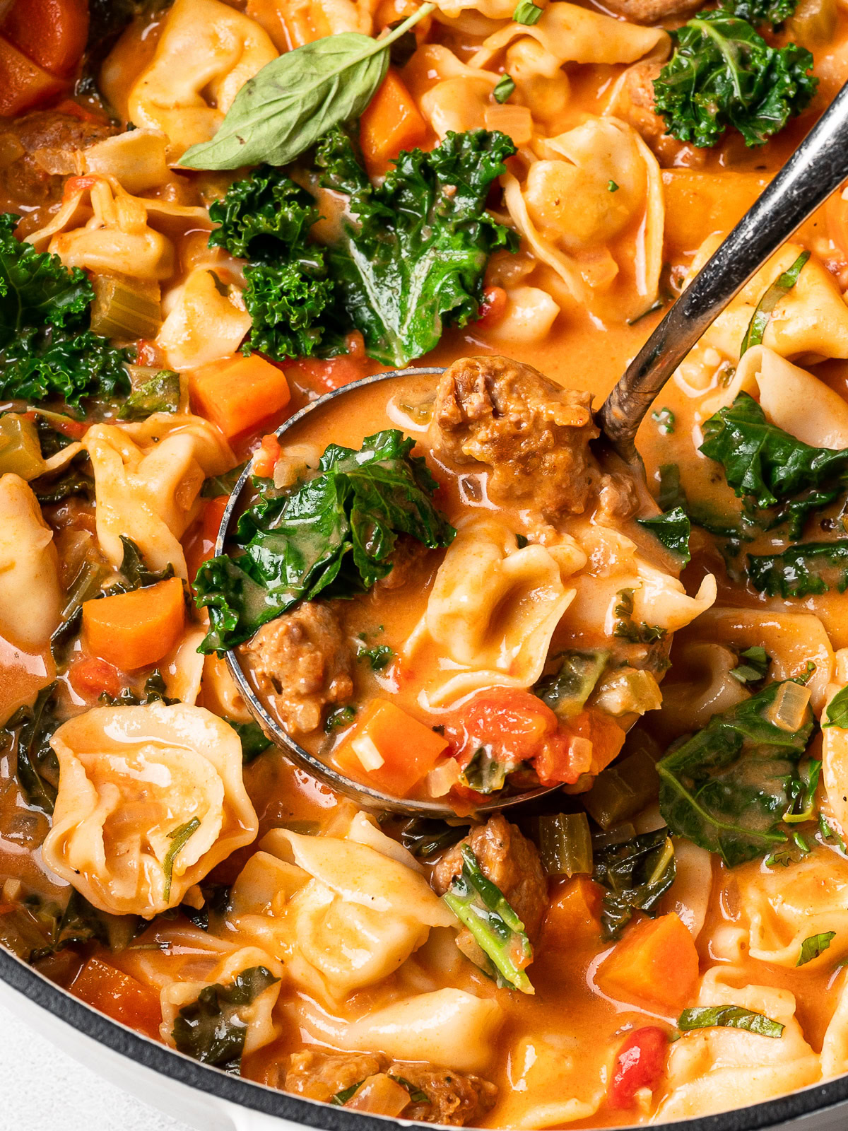 close up of a ladle filled with tortellini soup