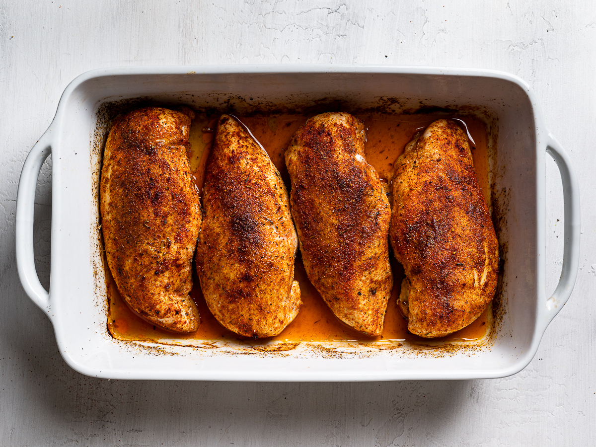 4 baked chicken breasts in baking dish