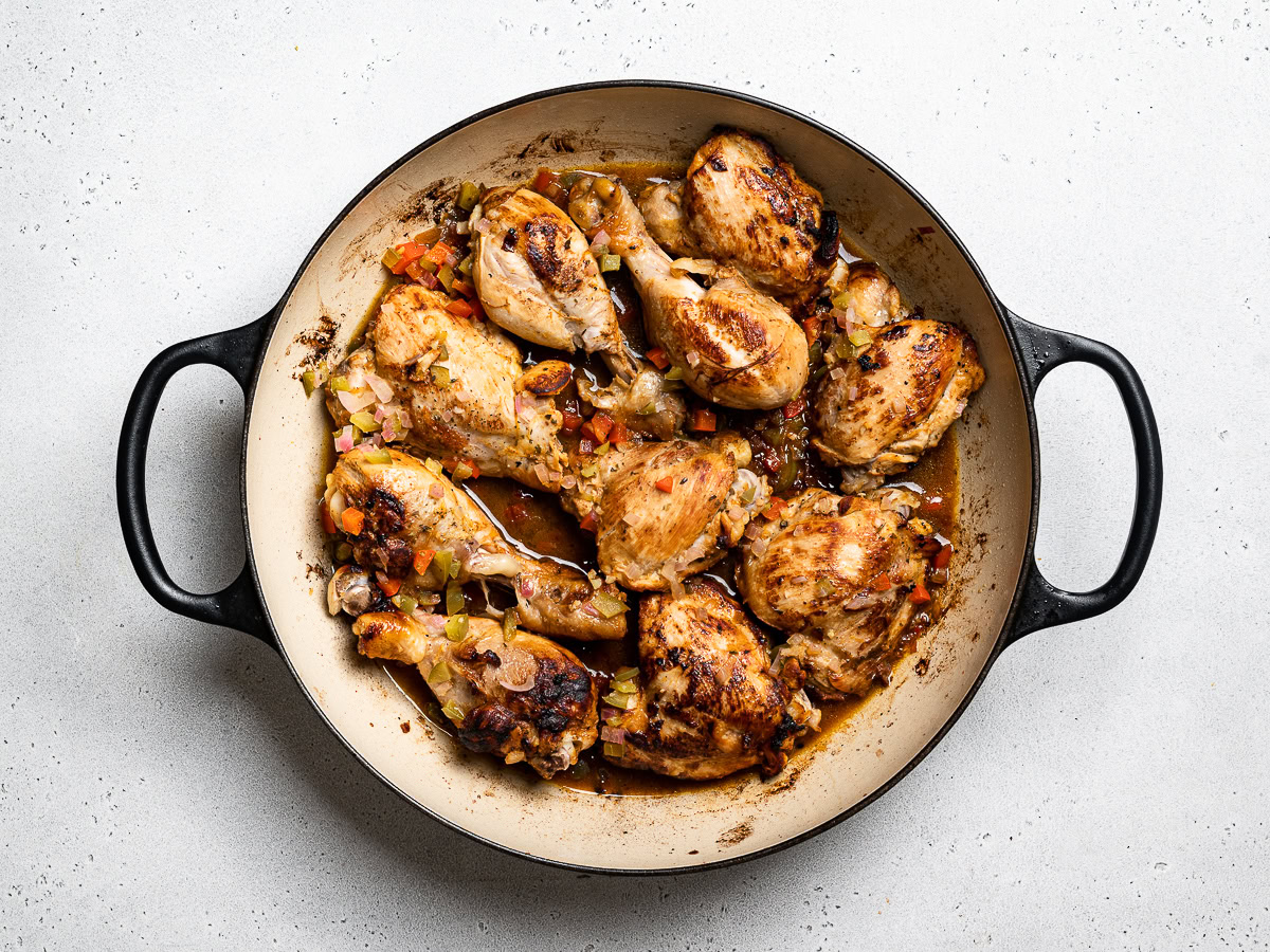 chicken braised with marinade before adding the rest of the veggies and water