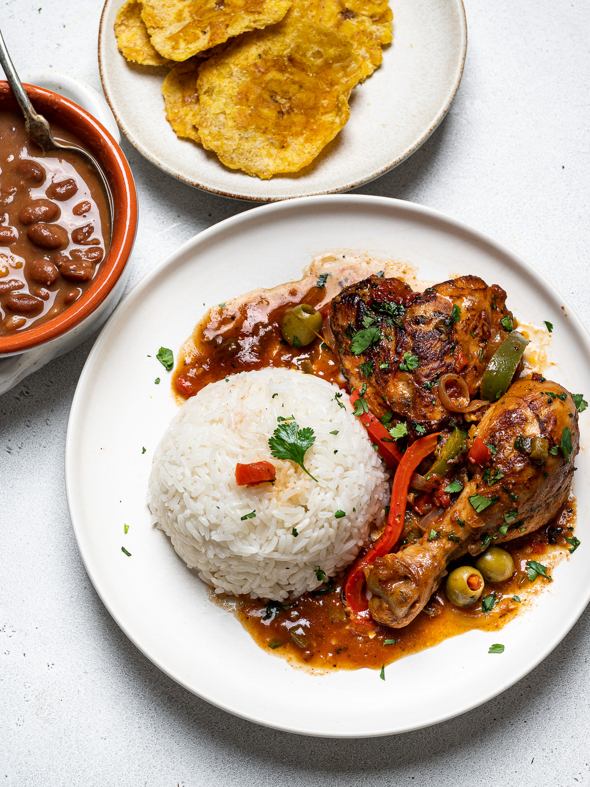 pollo guisado served on plate alongside a mound of white rice and a bowl of beans and tostones on the side
