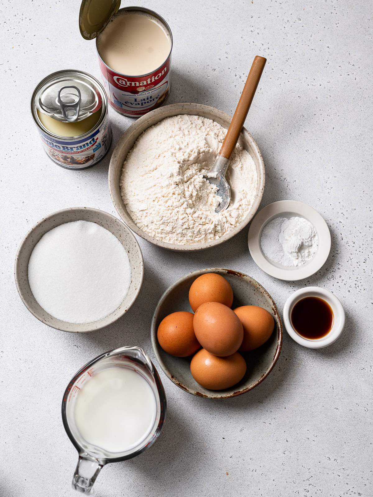 Ingredients set out to make for tres leches cake