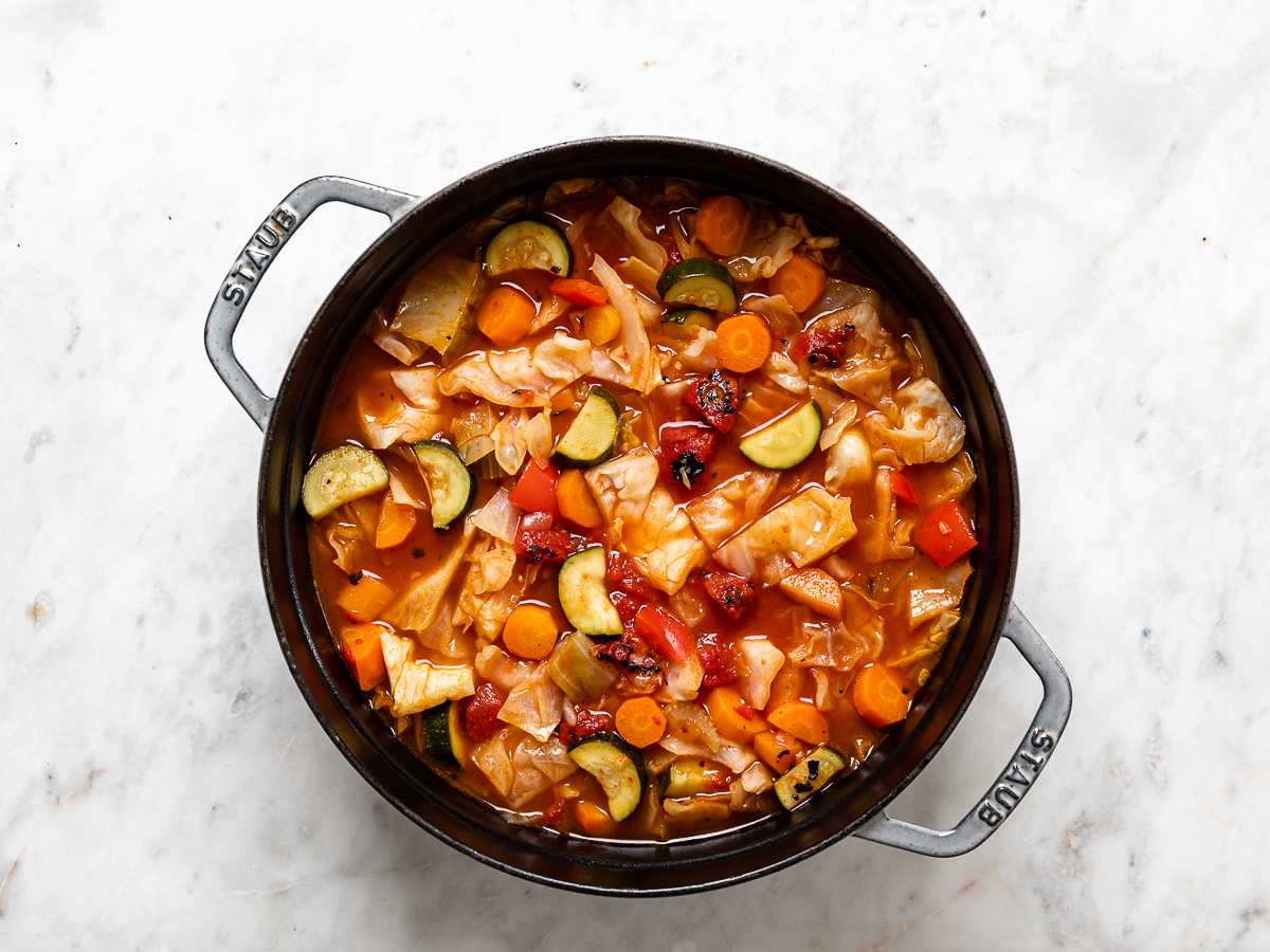cooked cabbage soup in pot