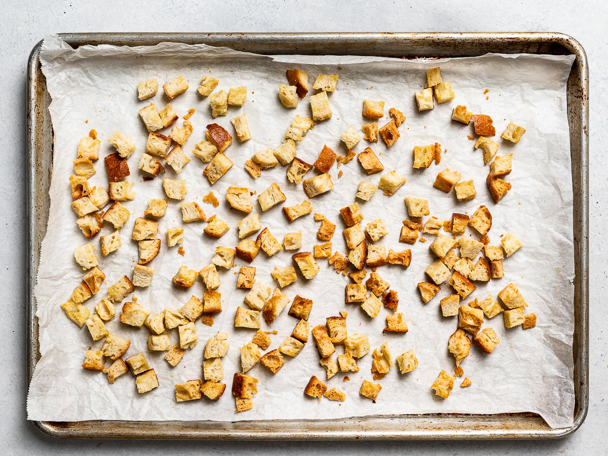 homemade croutons on baking sheet