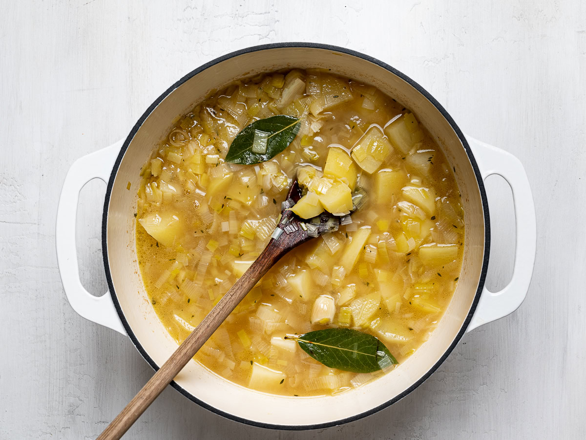 cooked potato and leek soup before blending