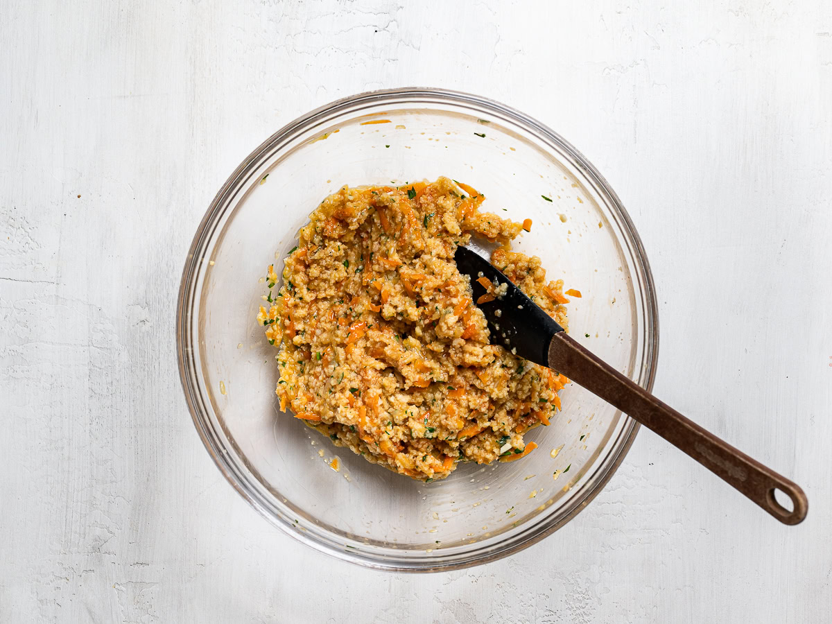 breadcrumb and veggie mixture mixed in bowl